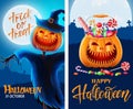 Halloween background, funny pumpkins. Greeting card for party and sale. Autumn holidays. Vector illustration EPS10.