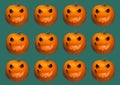 Halloween background geometrical rows of bright orange pumpkins carved glowing Jack o lantern face on dark green. Seamless pattern