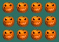 Halloween background geometrical rows of bright orange pumpkins carved glowing Jack o lantern face on dark green. Seamless pattern Royalty Free Stock Photo