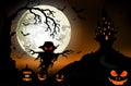 Halloween background with ghost, scary house and pumpkins on the full moon Royalty Free Stock Photo