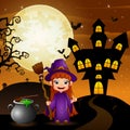 Halloween background with girl witch holding broomstick and cauldron