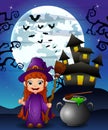 Halloween background with girl witch holding broomstick and cauldron Royalty Free Stock Photo