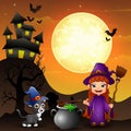 Halloween background with girl witch holding broomstick and cauldron and kitten witch Royalty Free Stock Photo