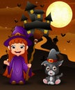Halloween background with girl witch holding broomstick and kitten witch Royalty Free Stock Photo