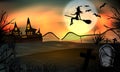 Halloween background glow. Young witch flying on a broomstick on the background of a full moon over the graveyard with tombstones