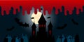 Halloween background gravestones, castle with full moon, bloody night