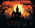 halloween background with graveyard and church at night