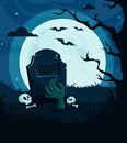 Halloween background, invitation. Graveyard with zombie hand, full moon, tree, scary night. Vector illustration