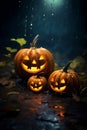 Halloween background or greeting card with spooky pumpkins Jack-o-lantern. Generated AI Royalty Free Stock Photo