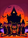 Halloween background with a group of children in costumes and pumpkins Royalty Free Stock Photo