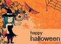 Halloween background with grumpy witch kawaii cartoon