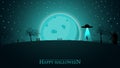 Halloween background. Halloween night landscape with big blue moon and alien ship Royalty Free Stock Photo