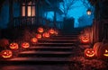 Halloween pumpkins and decorations outside a house. Night view of house with halloween decoration. Generative AI Royalty Free Stock Photo