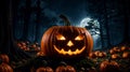 Halloween pumpkin with scary face in eerie, moonlit woods
