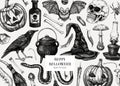 Halloween background. Hand drawn vector illustration. Skulls, bones, pumpkin, poisonous mushrooms, snakes, raven, witch hat
