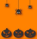 Halloween background with hanging spiders and pump