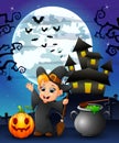 Halloween background with happy boy witch holding broomstick pumpkin and cauldron Royalty Free Stock Photo