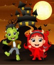 Halloween background with happy girl evil and frankenstein Royalty Free Stock Photo