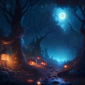 Halloween background with haunted house, pumpkins and witch's house