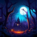 Halloween background with haunted house, pumpkins and witch's house