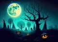 Halloween background with haunted house, pumpkins and witch's house