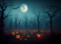 Halloween background with haunted house, pumpkins and witch's house