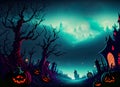 Halloween background with haunted house, pumpkins and witch's house