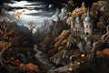 Halloween background with haunted castle and pumpkins, Digital painting