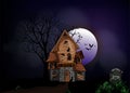 Halloween background with haunted house, bats and graveyard vector illustration. Copy space for text Royalty Free Stock Photo