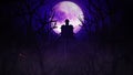 Halloween background with haunted house, bats and pumpkins, graves, at misty night spooky with fantastic big moon in sky. 3d Royalty Free Stock Photo