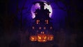 Halloween background with haunted house, bats and pumpkins, graves, at misty night spooky with fantastic big moon in sky. 3d Royalty Free Stock Photo