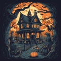 Halloween background with haunted house, cat and pumpkin. Vector illustration Royalty Free Stock Photo