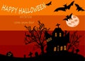 Halloween background haunted house dead tree cemetery graveyard tomb and jack o lantern decoration,bats fly and moon Royalty Free Stock Photo