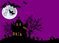 Halloween background haunted house dead tree cemetery graveyard tomb and jack o lantern decoration,bats fly and moon Royalty Free Stock Photo