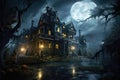 Halloween background with haunted house and full moon. 3d rendering, A gothic horror mansion on a stormy night, AI Generated Royalty Free Stock Photo