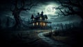 Halloween background with haunted house and full moon Royalty Free Stock Photo