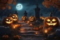 Halloween background with haunted house, full moon, pumpkins and trees Royalty Free Stock Photo