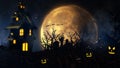 Halloween background with haunted house, ghost, bats and pumpkins, graves, at misty night spooky with fantastic big moon in sky. Royalty Free Stock Photo