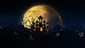 Halloween background with haunted house, ghost, bats and pumpkins, graves, at misty night spooky with fantastic big moon in sky. Royalty Free Stock Photo