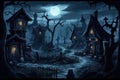 Halloween background with haunted house and moonlight, illustration for children Royalty Free Stock Photo