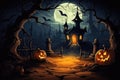 Halloween background with haunted house, pumpkins and bats, illustration Royalty Free Stock Photo