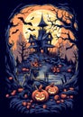 Halloween background with haunted house and pumpkins. Vector illustration. Royalty Free Stock Photo