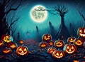 Halloween background with haunted house, pumpkins and witch's house