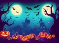 Halloween background with haunted house, pumpkins and witch's house