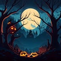 Halloween background with haunted house, pumpkins and witch's house