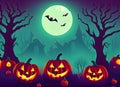 Halloween background with haunted house, pumpkins and witch's house