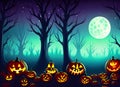 Halloween background with haunted house, pumpkins and witch's house