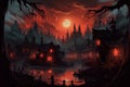 Halloween background with haunted house on the shore of the lake