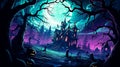Halloween background with haunted house, spooky trees and full moon. Selective focus. Generative AI
