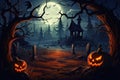 Halloween background with haunted house, spooky trees and pumpkins Royalty Free Stock Photo